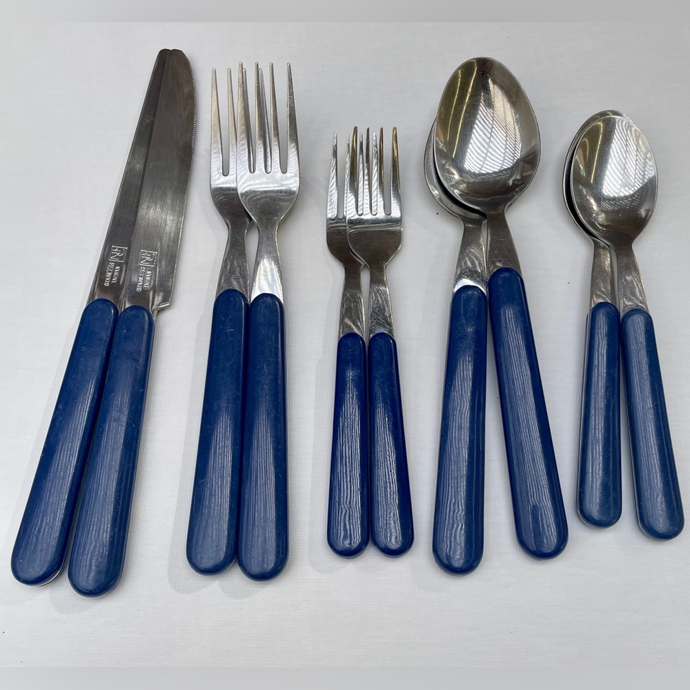 Vintage MCM Navy Blue Plastic & Stainless Flatware. Made in Taiwan - 2 settings